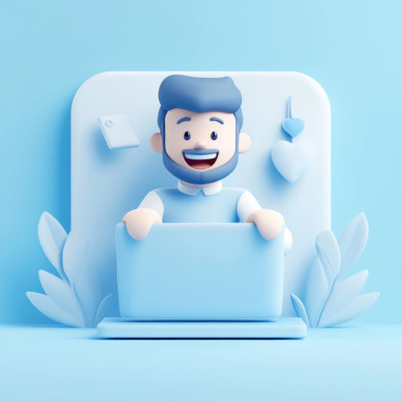 3D illustration of smiling man working on laptop in blue themed office.の素材