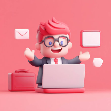 cheerful 3D character with laptop and floating icons.の素材