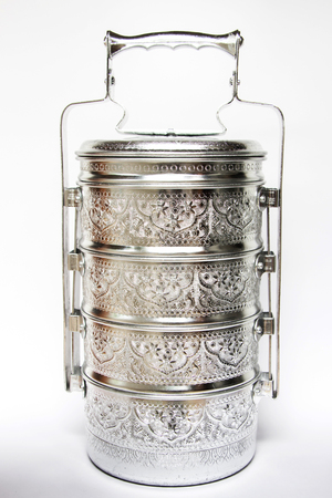 Thai old silver carrier tiffin, usually give food offerings to a Buddhist monk at templeの写真素材