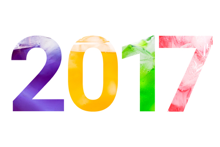 Sparkling drink with ice cubes in number 2017 isolated on white background with clipping path....