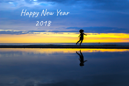 Silhouette of a happy girl jumping to 2018 new year on the beach with a beautiful sunrise. Happy...