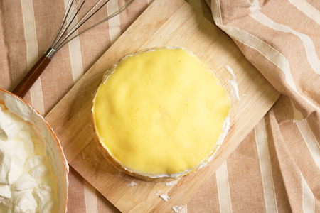 Chef making crepe cake for background of pastry recipeの写真素材