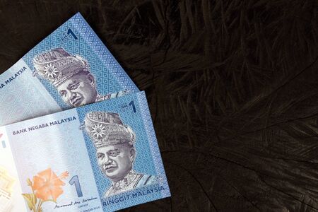 One Ringgit Malaysia bank note isolated on dark brown a wooden background with copy space.