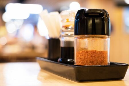 Seasoning set Japanese tableware shoyu sauce, ground cayenne pepper and toothpick in paper package...