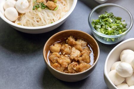 Garlic cracklings with lard; good and delicious oil for noodle.の写真素材