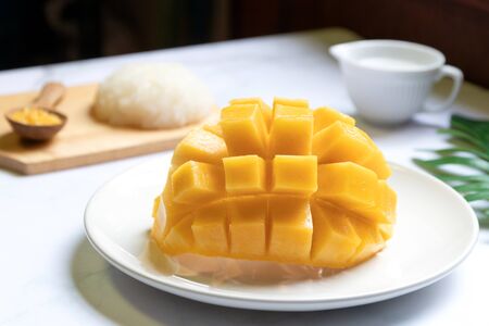 Thai sweet sticky rice with mango. Thai style tropical dessert, glutinous rice eat with mango.の写真素材