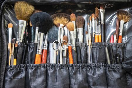 Collection of professional makeup brushes in case; selective focus.の写真素材