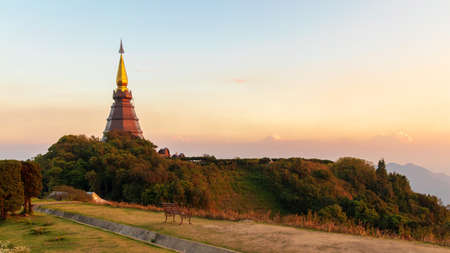 The Great Holy Relics Pagoda Nabhamethanidol and Nabhapolbhumisiri with beautiful sunset sky...