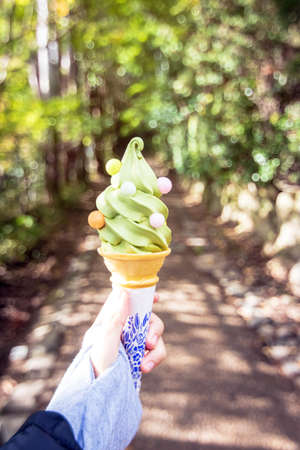 Woman hand holding green tea flavor soft serve cone with little ball candy on bokeh nature tree in a...