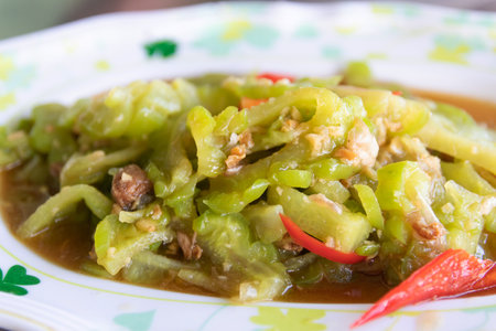 Stir fried bitter gourd with salted fish.の写真素材