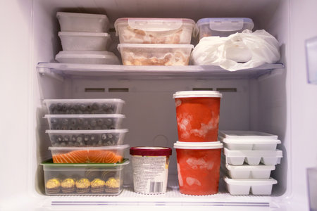 Full of frozen food in refrigerator. Meat, fish, fruit, chocolate, ice and bucket container ice creams flavors on freezer shelves. Stocks of meal and get ready for summer.の写真素材
