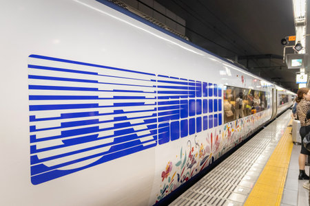 Osaka, Japan-November, 2019: JR series limited express train "Haruka" with Hello Kitty. The Haraku Train connect Kyoto and Osaka to the Kansai airport.のeditorial素材