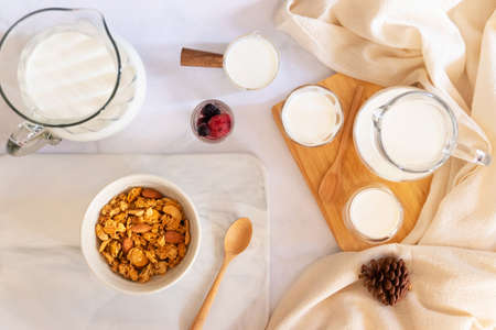 Granola with milk and berries in a white bowl; top view on white table. Healthy breakfast concept.の写真素材