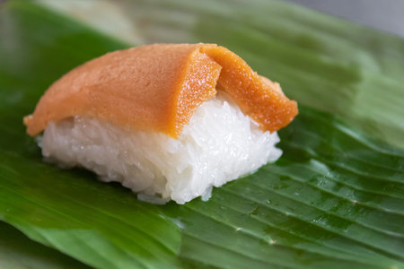 Sticky rice with Thai custard (Khao Nieaw Sang Ka Ya) The local store  normally put a slice of custard on topped of the rice and then wrapped them up in banana leaf.の写真素材