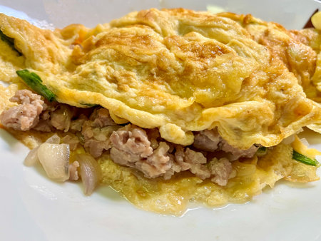 Thai stuffed omelette with mince pork and sliced red onion on plate (Kai Yat Sai).