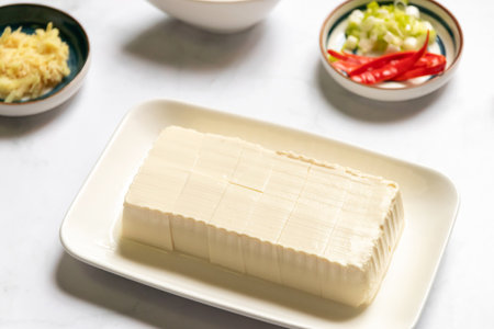 Vegan silken tofu is served hot or cold with a savory soy sauce flavored with green onions, grated ginger and sesame oil.の写真素材
