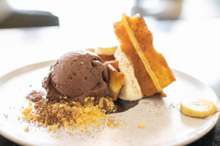 Waffle with chocolate ice cream, crumble and fresh whipping cream.の写真素材