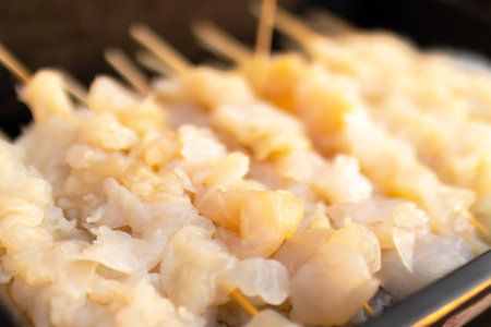 Fresh jellyfish on skewer for barbecue grill; Thai street food market.の写真素材