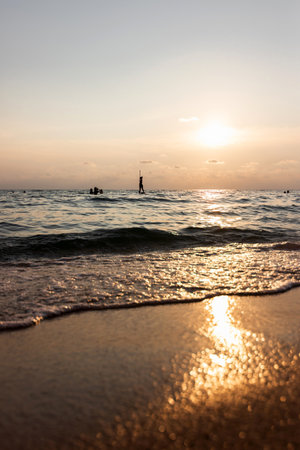 Beautiful sunset above sea. Vibrant and soft color magic light. Romantic time on vacation in tropical.の写真素材