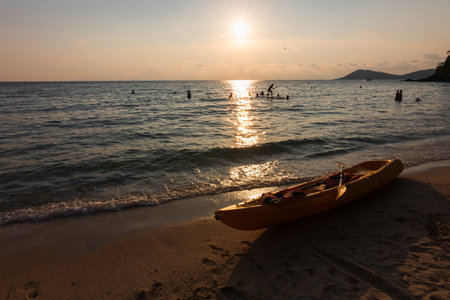 Beautiful sunset above sea. Vibrant and soft color magic light. Romantic time on vacation in tropical.の写真素材