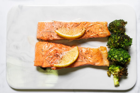 Tasty cooked salmon steak with spice and lemon. Healthy and easy meals from air fryer.