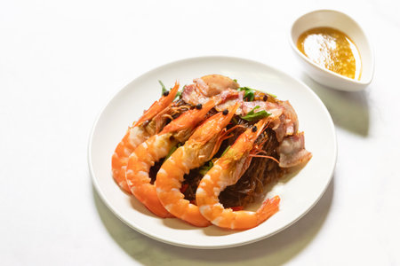 Shrimp potted with vermicelli; dipping black vinegar sauce or spicy seafood sauce. Main Ingredient is glass noodle, coriander roots, pepper, garlic, ginger and shrimp.の素材 [FY310213884816]