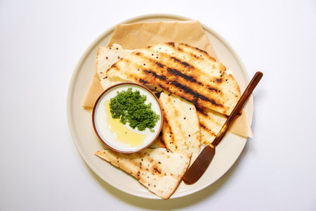 Vegan recipes with tortillas and wolffia spread on wooden plate. Wolffia is the nutrient-rich plant-based source of protein and omega3 and vital minerals.の写真素材