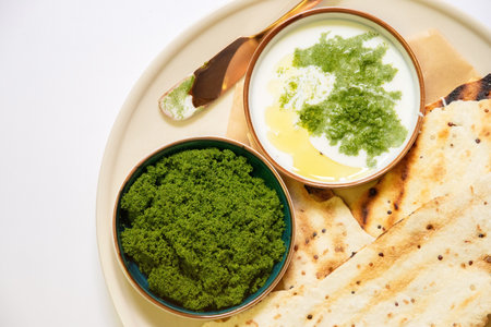 Vegan recipes with tortillas and wolffia spread on wooden plate. Wolffia is the nutrient-rich plant-based source of protein and omega3 and vital minerals.の写真素材
