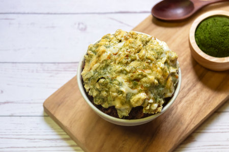 Creamy omelette with wolffia globosa on rice. Delicious and easy high protein menu.の写真素材