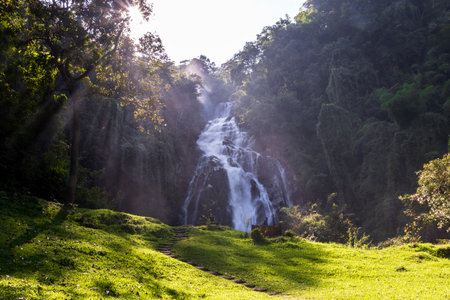 Mae Tia waterfall beauty of the streams flows gently waterfall in Orb Luang national park, Chom Thong, Chiang Mai, Thailand. Travel point for camping with sound of a flowing natureの写真素材