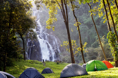 Mae Tia waterfall beauty of the streams flows gently waterfall in Orb Luang national park, Chom Thong, Chiang Mai, Thailand. Travel point for camping with sound of a flowing natureの写真素材