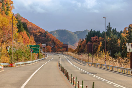 Autumn landscape with road and colorful trees in Caucasus mountains