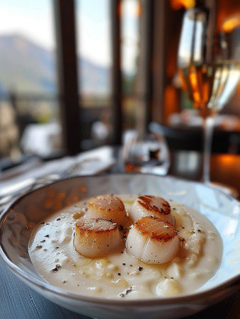 Scallops with a creamy sauce serving with white wine glasses. Fine dining with fantastic mountain view.の素材
