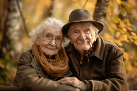 Portrait of happy senior couple in a beautiful autumn season. Life is beautiful.の素材