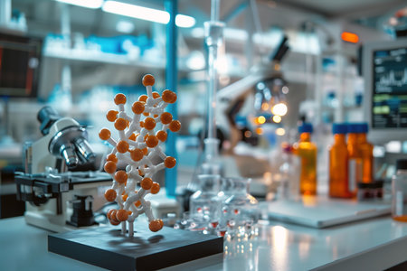 Pharmaceutical engineering, designing next-gen drugs, molecular models in the foreground, lab setting.の素材