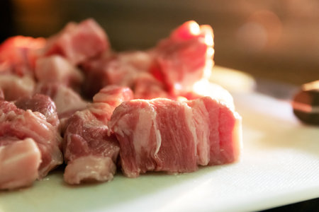 Fresh meat and vegetable ingredients for a delicious stew.の写真素材