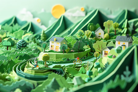Craft an intricate paper cut artwork showing a family walking or biking through a lush, green neighborhood powered by renewable energy, featuring community solar gardens and energy efficient homes.の素材