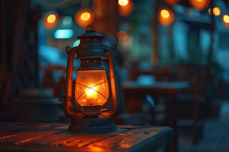 Lantern with warm light isolated on nature background with bokeh.の素材