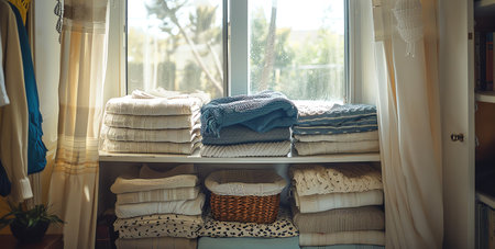 Knitted and vintage clothes folded in a woven basket.の素材