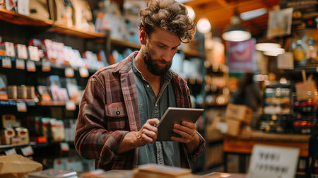 Stocking shelves with freshly arrived inventory, meticulously organizing products to create an inviting display in a modern boutique store.の素材