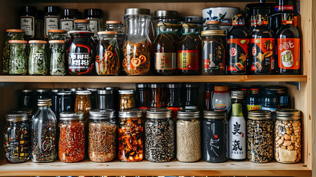 High impact pantry items like gochujang and black sesame arranged in a pantry.の素材
