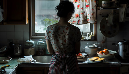 Cooking breakfast in cozy kitchen.の素材