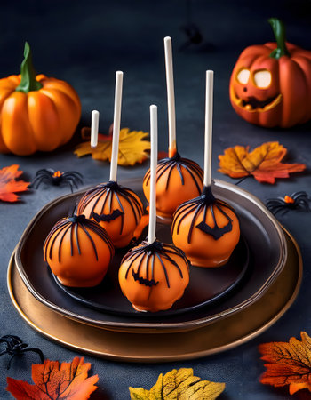 Halloween cake pops with pumpkins and leaves on a plate.の素材