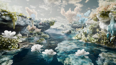 A serene landscape featuring vibrant water lilies, lush greenery, and ethereal rock formations by a tranquil river.の素材