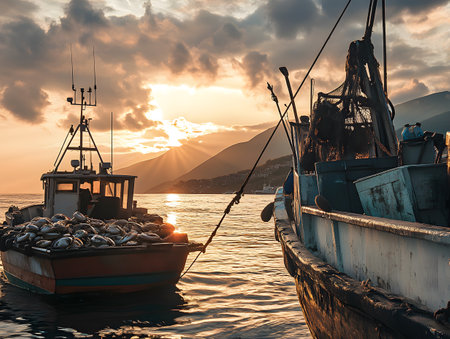 Serene sunset over fishing boats anchored in calm waters, surrounded by mountains and a colorful sky, perfect for travel themes.の素材