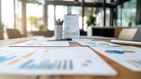 Close-up of business documents on a table in a modern office, showcasing charts and graphs, ideal for corporate presentations.の素材