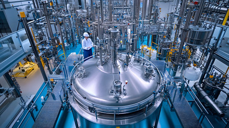 Modern industrial facility with professional technician overseeing advanced processing equipment and large stainless steel tank.の素材