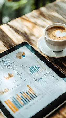 A laptop displaying colorful graphs, next to a coffee cup on a wooden table, representing productivity and analytics work.の素材