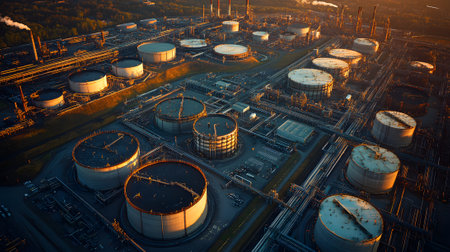 Aerial view of an oil refinery complex with numerous storage tanks and industrial structures during sunset, showcasing energy production.の素材