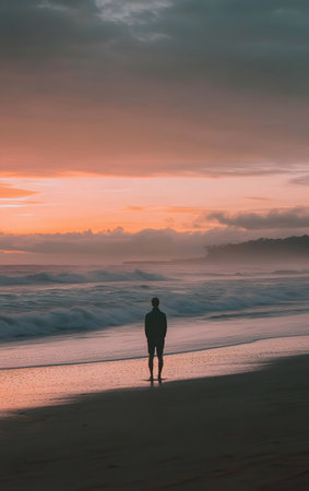 A solitary figure stands on the beach, gazing at a stunning sunset over the ocean, evoking feelings of peace and reflection.の素材